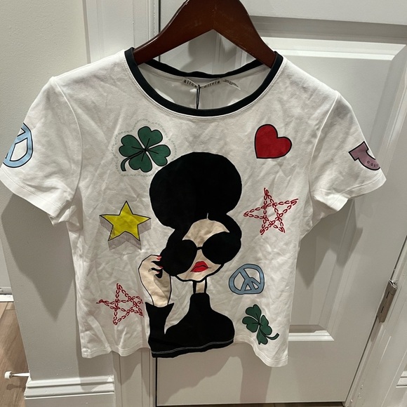 NWT Alice + Olivia Evan Staceface Stace Face Ringer Tee Off White Multi Star M